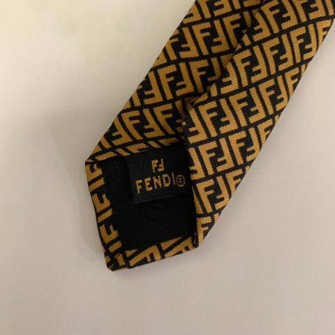 FENDI Brown Gold Logo Silk Tie