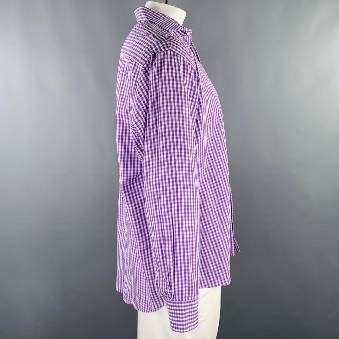 BURMA BIBAS Size XL Purple White Gingham Cotton Spread Collar Long Sleeve Shirt