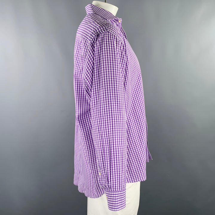 BURMA BIBAS Size XL Purple White Gingham Cotton Spread Collar Long Sleeve Shirt