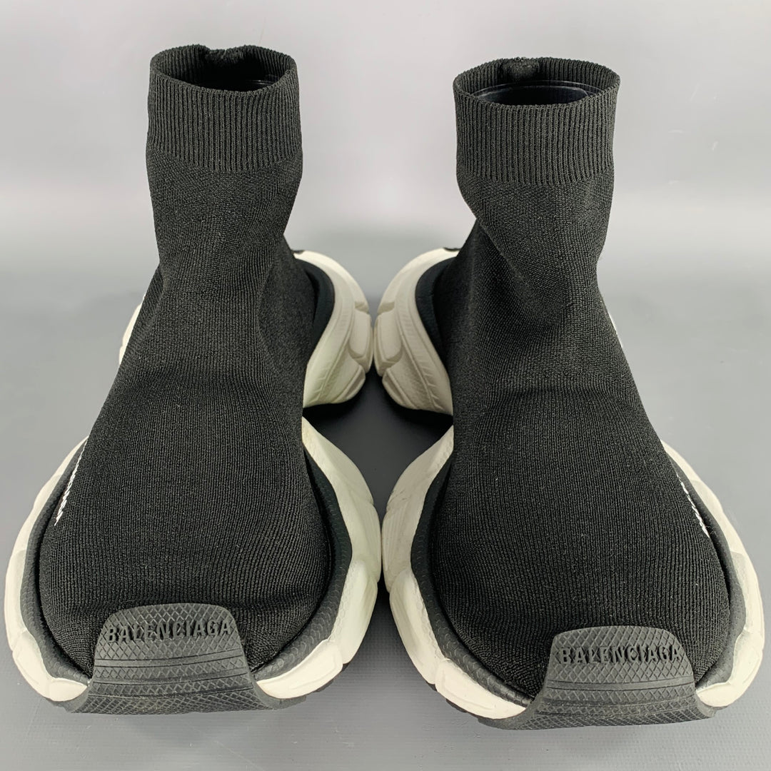 BALENCIAGA Size 8 Speed Stretch Knit Black White Logo Nylon Sock Sneakers