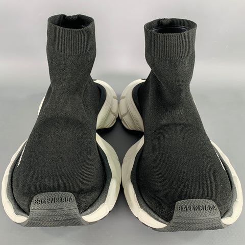 BALENCIAGA Size 8 Speed Stretch Knit Black White Logo Nylon Sock Sneakers
