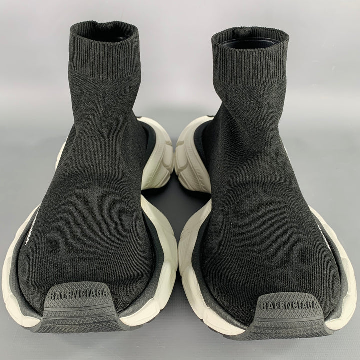 BALENCIAGA Size 8 Speed Stretch Knit Black White Logo Nylon Sock Sneakers