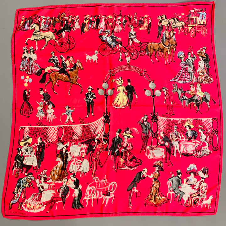 HERMES 1961 Jean-Louis Clerc -Armenonville- Red Black Figures Silk Scarf