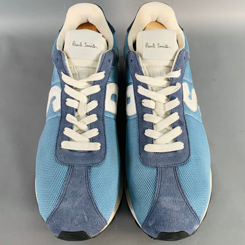 PAUL SMITH Size 11 Blue White Color Block Suede Mesh Lace-Up Sneakers