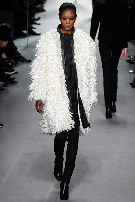 TOM FORD FW14 Size XS Off White Black Silk Shaggy Lambskin Leather Trim Zip Up Coat