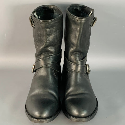 FRYE Size 6.5 Black Leather Pull On Biker Buckle Boots