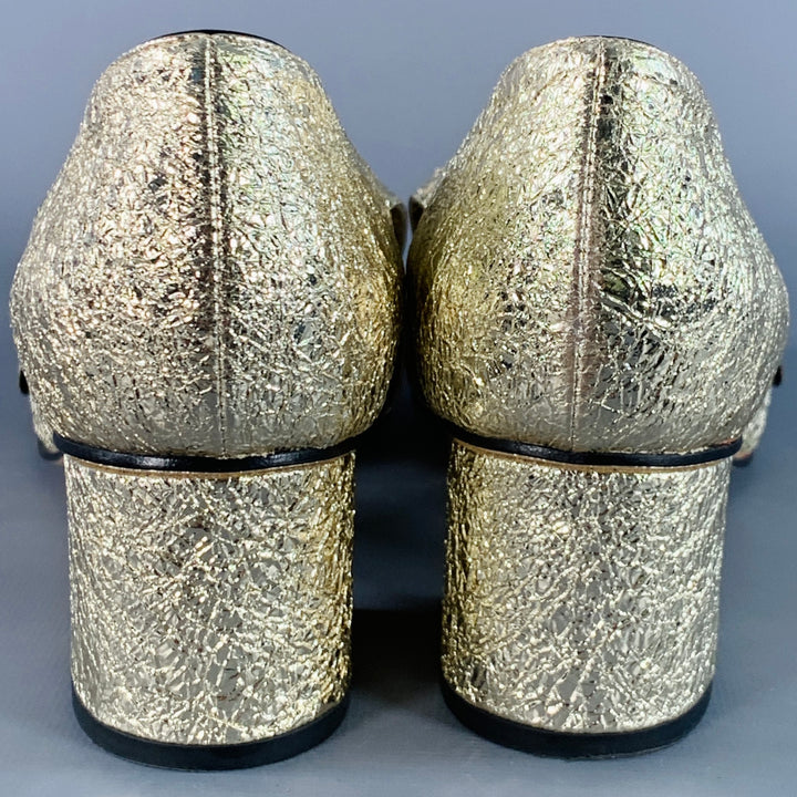 GUCCI Size 7.5 Metallic Gold Leather Textured Eyelash Fringed Pumps