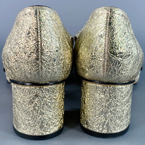 GUCCI Size 7.5 Metallic Gold Leather Textured Eyelash Fringed Pumps
