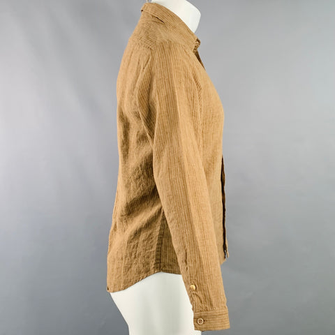 FRANK LEDER Size S Brown White Stripe Linen Spread Collar Long Sleeve Shirt