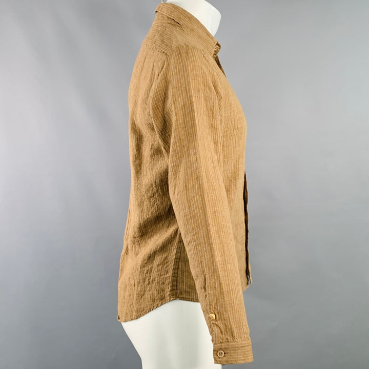 FRANK LEDER Size S Brown White Stripe Linen Spread Collar Long Sleeve Shirt