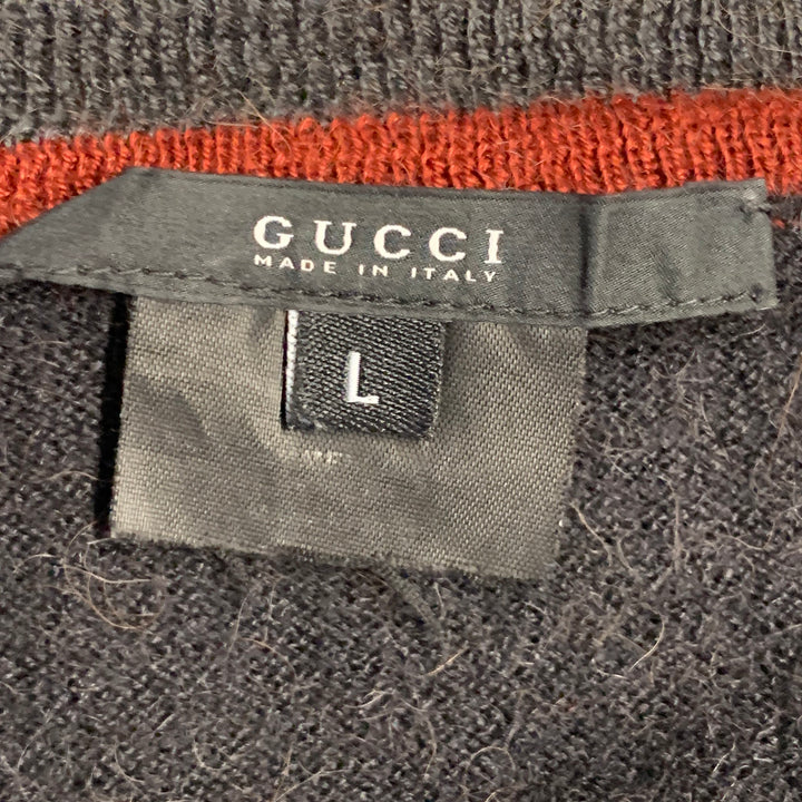 GUCCI Size L Black Red Knit Wool V-Neck Sweater
