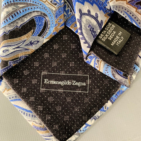 ERMENEGILDO ZEGNA Blue Silver Black Abstract Floral Silk Satin Tie