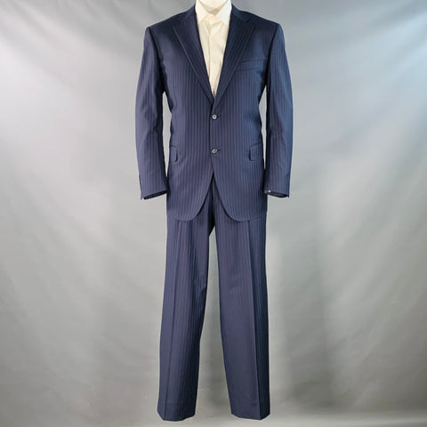 CANALI Size 48 Regular Navy Blue Pinstripe Virgin Wool Notch Lapel Suit