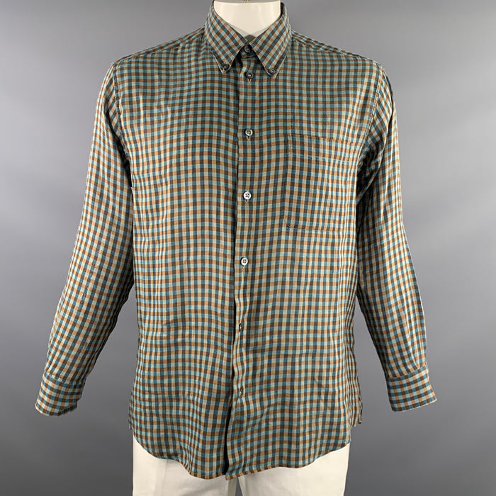 ERMENEGILDO ZEGNA Size L Orange Blue & Grey Checkered Long Sleeve Shirt