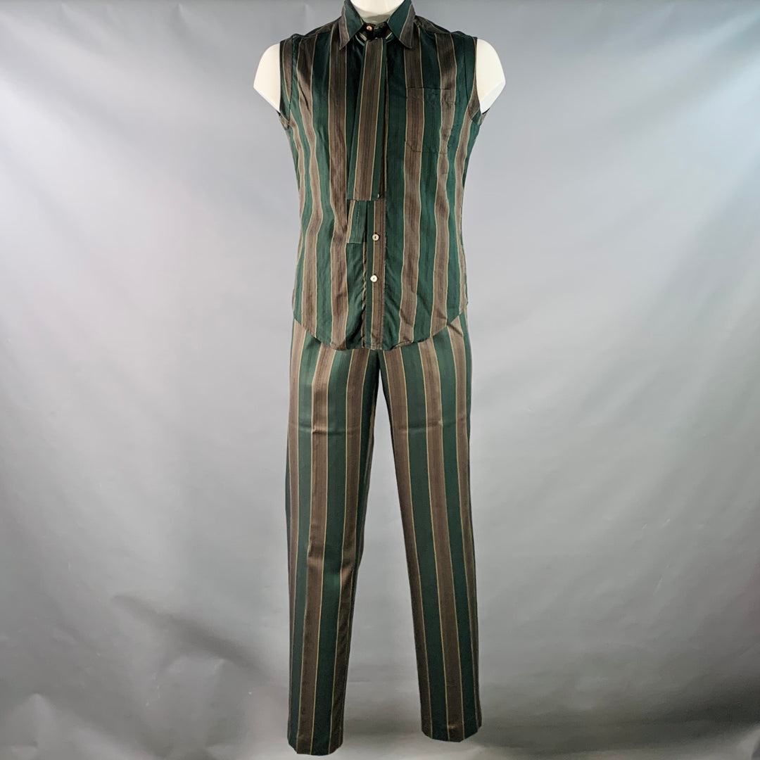 JEAN PAUL GAULTIER Size L Green Brown Stripe Sleeveless One Pocket Tie Suit