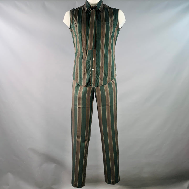 JEAN PAUL GAULTIER Size L Green Brown Stripe Sleeveless One Pocket Tie Suit