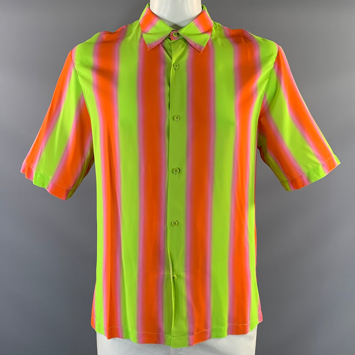 SANDRO SS2020 Size XXL Green Orange & Pink Stripe Viscose Button Up Short Sleeve Shirt