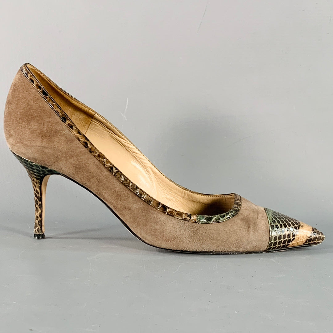 MANOLO BLAHNIK Size 8 Tan Brown Suede Snakeskin Cap Toe Pumps