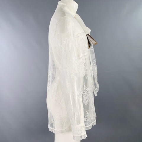 BURBERRY Size XS White Lace Viscose Blend Bow Long Sleeve Shirt