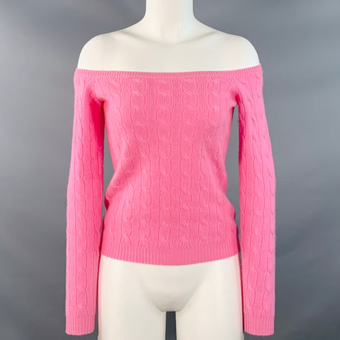RALPH LAUREN Size M Pink Cashmere Cable Knit Off Shoulder Pullover