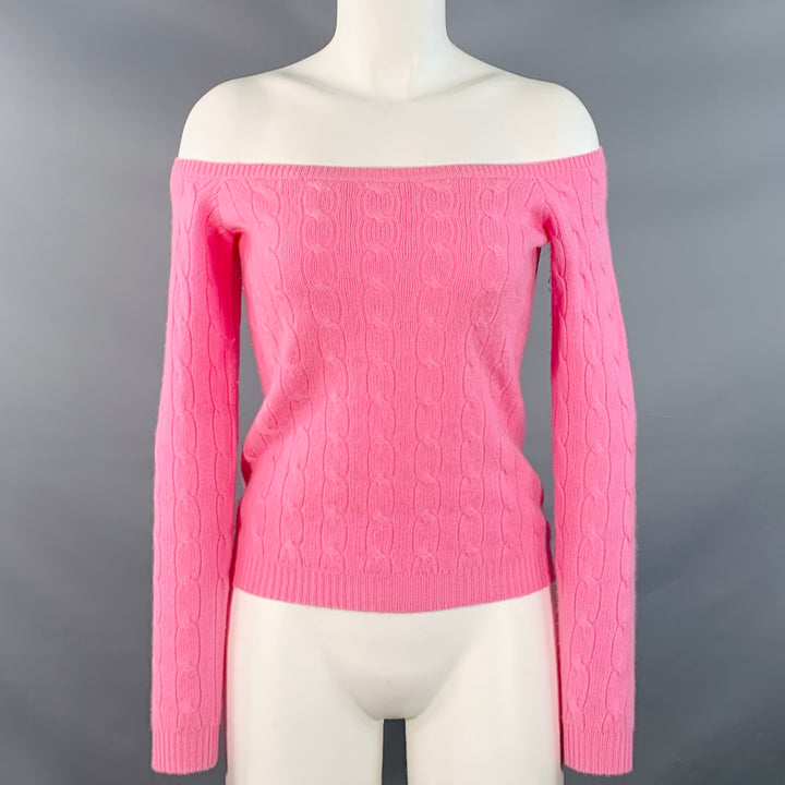 RALPH LAUREN Size M Pink Cashmere Cable Knit Off Shoulder Pullover