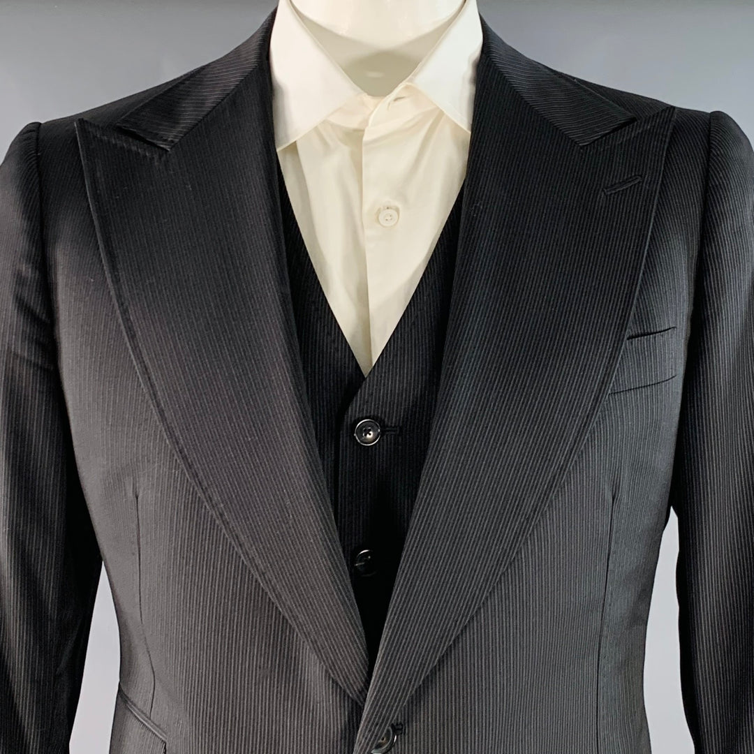 ASTOR & BLACK Size 44 Black Grey Stripe Single Breasted Peak Lapel 3 Piece Suit