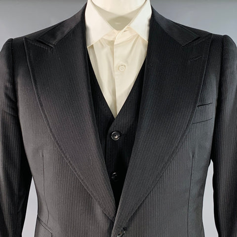 ASTOR & BLACK Size 44 Black Grey Stripe Single Breasted Peak Lapel 3 Piece Suit