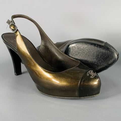 CHANEL Size 8.5 Brown Olive Glittered Patent Leather Slingback Heels  Pumps