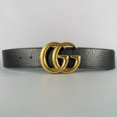 GUCCI Size 30 Black Gold Monogram Leather Metal Belt