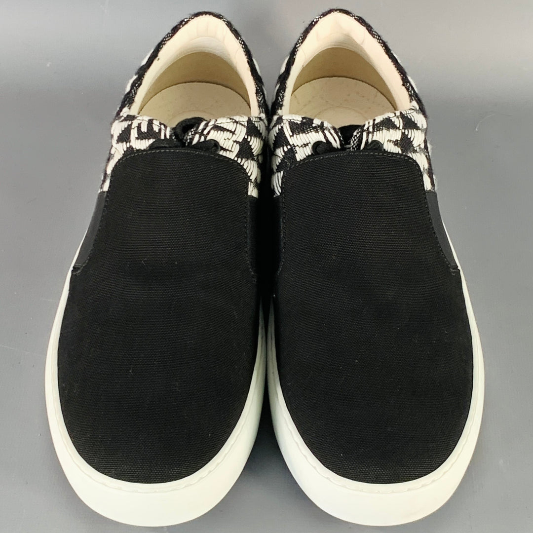 CHANEL Size 9 Black White Woven Canvas Slip On Lace-Up Sneakers