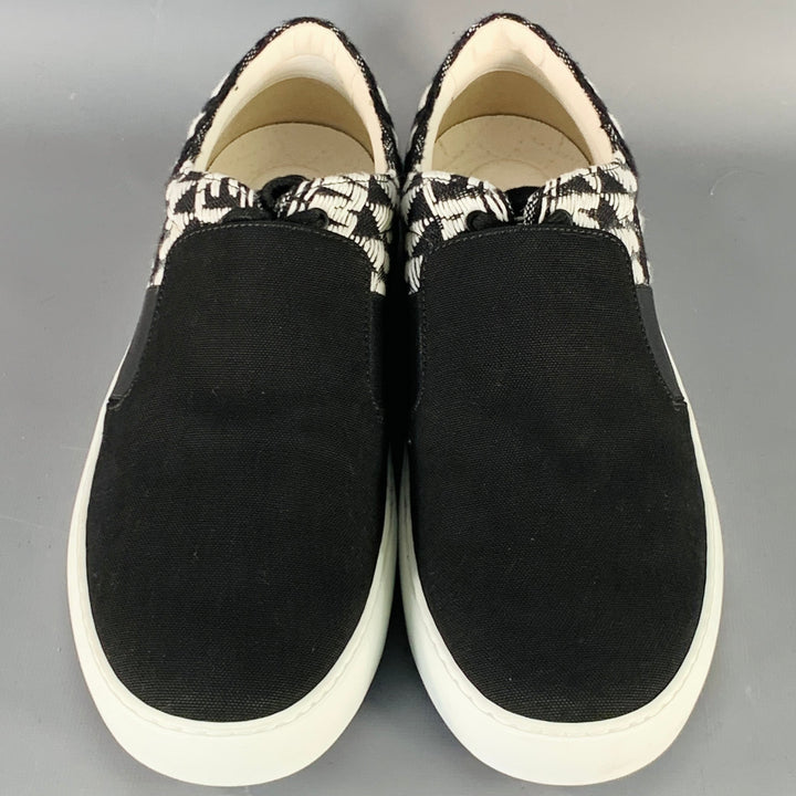 CHANEL Size 9 Black White Woven Canvas Slip On Lace-Up Sneakers