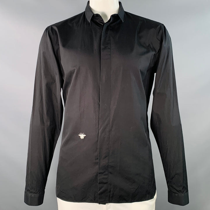 DIOR HOMME Size L Black Cotton Hidden Placket Embroidered Long Sleeve Shirt