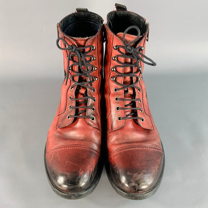 DIESEL Size 11 Burgundy Black Distressed Leather Double Zipper Boots