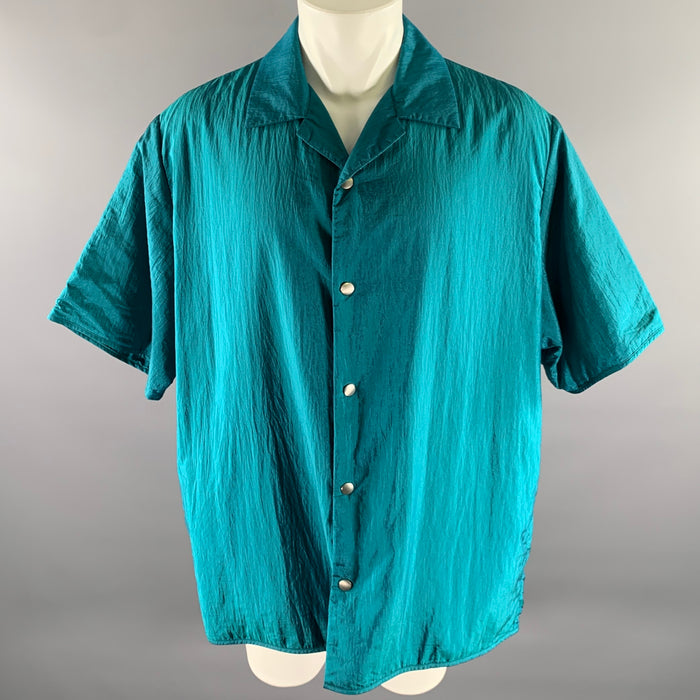 JIL SANDER Size XL Teal Polyamide Silk Camp Short Sleeve Shirt