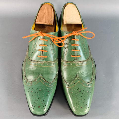 UNDANDY Size 10 Green Orange Perforated Leather Wingtip Oxford Lace-Up Shoes