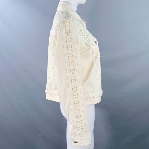 ETRO Size M Cream Eyelet Denim Fringe Trucker Jacket Blazer