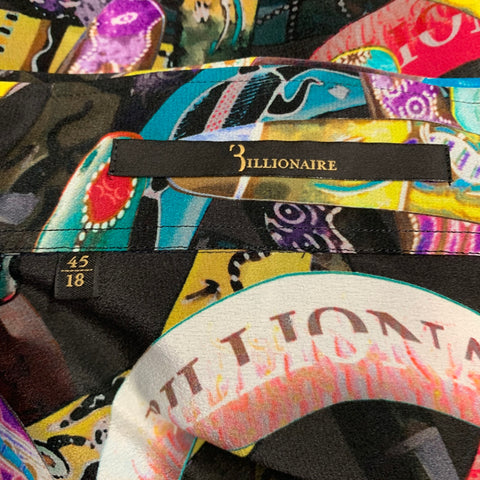BILLIONAIRE COUTURE Size XL Black Multi Color Print Silk Long Sleeve Shirt
