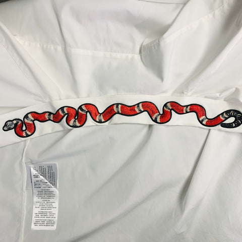GUCCI Size L White Red Snake Applique Cotton Button Up Long Sleeve Shirt
