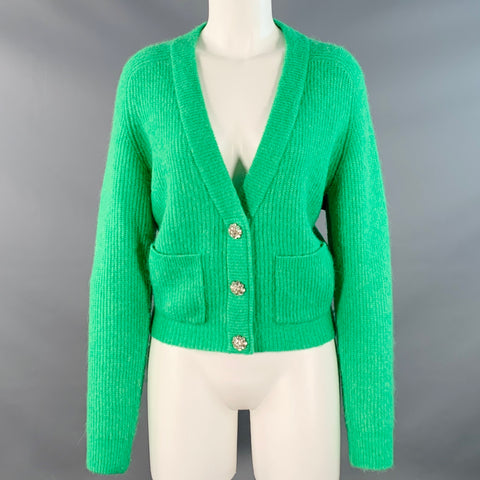 GANNI Size S Green Alpaca Blend Rhinestones Cropped Cardigan