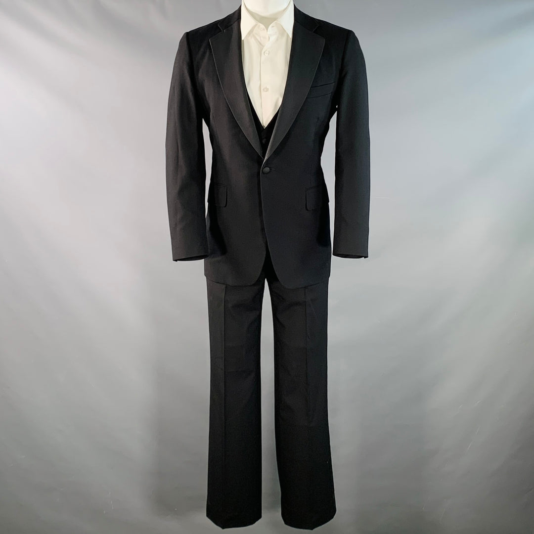 PAUL STUART Size 38 Regular Black Wool Notch Lapel 3 Piece Tuxedo