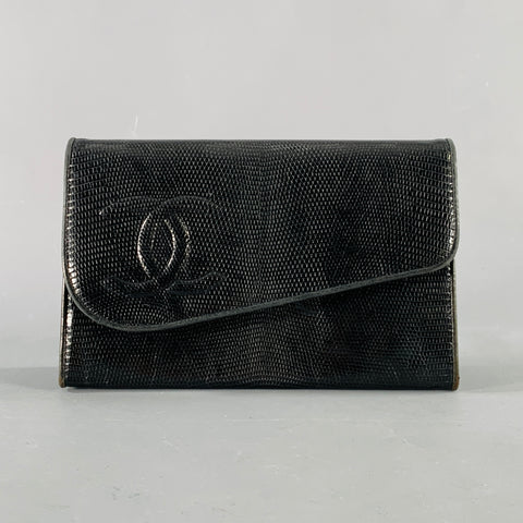 CHANEL Rare Vintage Late-1980s Black Gold Lizard Leather Cross Body Clutch Handbag