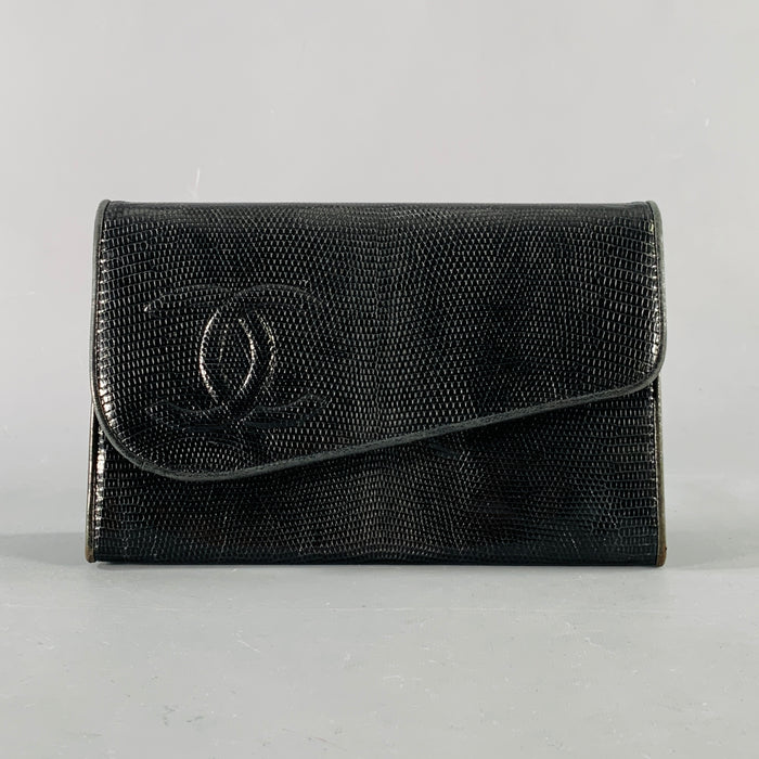 CHANEL Rare Vintage Late-1980s Black Gold Lizard Leather Cross Body Clutch Handbag