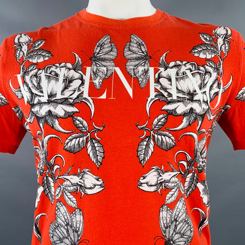 VALENTINO Size L Red Black White Symmetrical Roses Graphic Cotton Crew Neck T-shirt