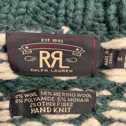 RRL by RALPH LAUREN Size M Green Cream Geometric Wool Blend Shawl Collar Sweater