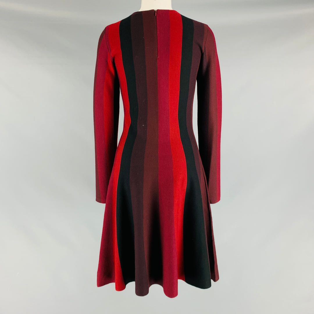 AKRIS Size 6 Burgundy Black Wool Stripe Long Sleeve Dress