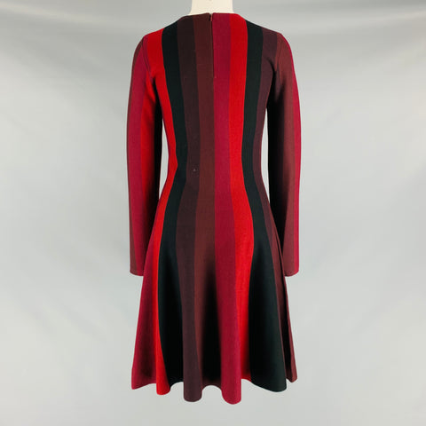 AKRIS Size 6 Burgundy Black Wool Stripe Long Sleeve Dress