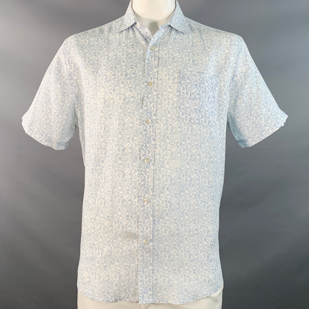 SAKS FIFTH AVENUE Size L White Blue Paisley Linen One Pocket Short Sleeve Shirt