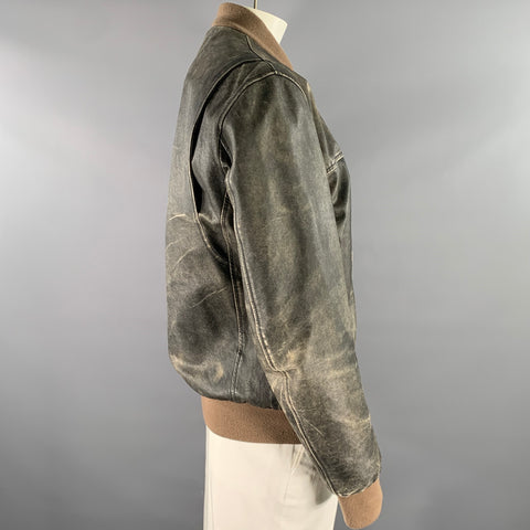 MARC JACOBS Size XXL Black Tan Distressed Leather Bomber Coat