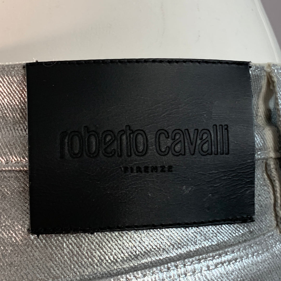 ROBERTO CAVALLI Size 4 Metallic Silver Coated Cotton Blend Skinny Jeans