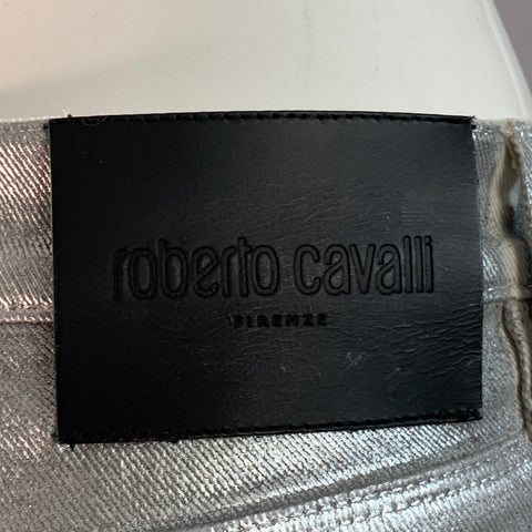 ROBERTO CAVALLI Size 4 Metallic Silver Coated Cotton Blend Skinny Jeans